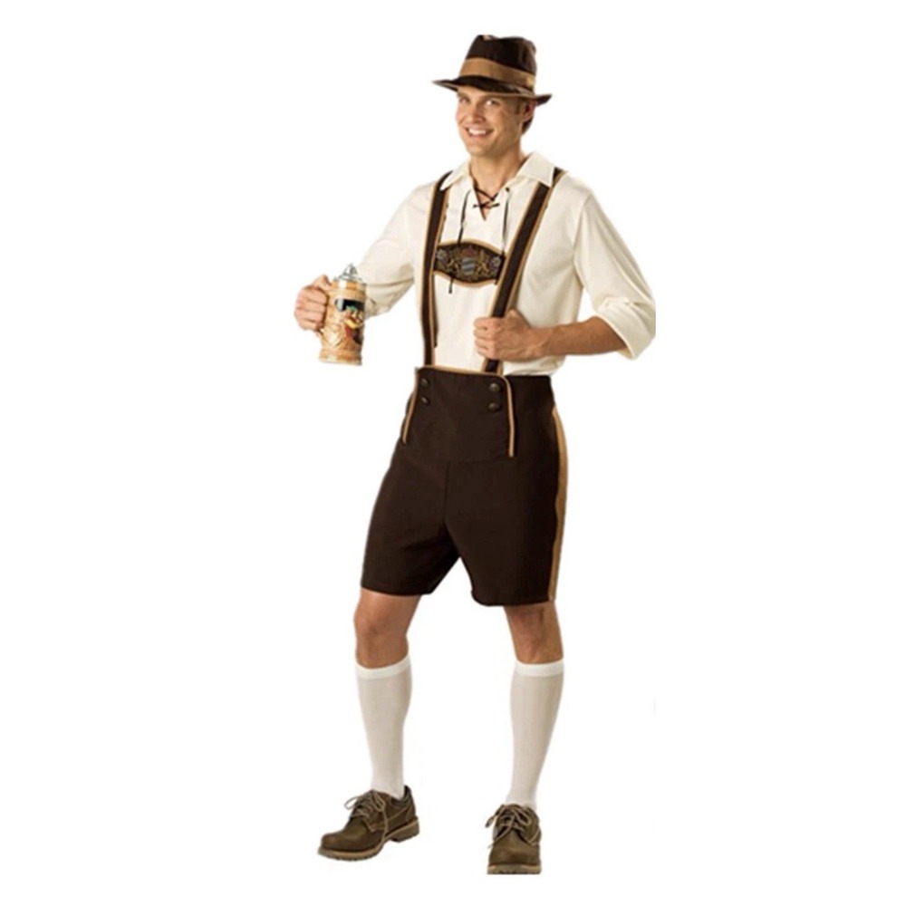 Spirit Halloween Lederhosen Men's Brown Oktoberfest Shorts Suspenders Crest XL